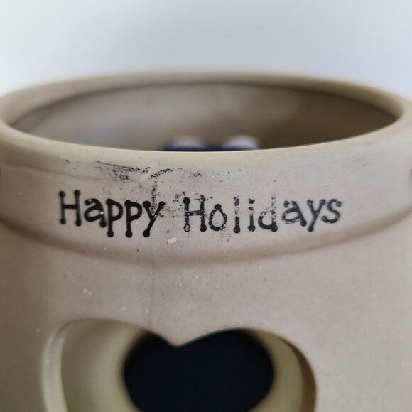 Vintage Large Stoneware Pottery Round Happy Holidays Jar Candle Lampshade Topper - Picture 7 of 13